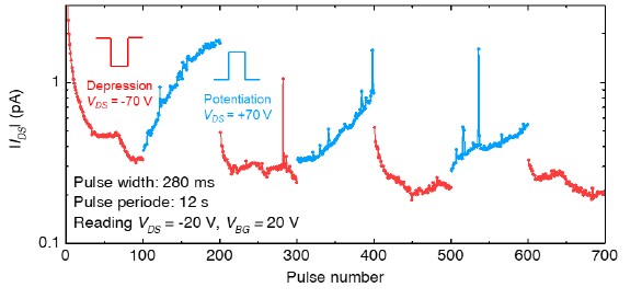 圖二:元件電流隨著輸入正負電壓輸入次數增加或減少,呈現出類比式的電阻態轉換。