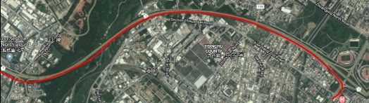 自Google衛星地圖的影像,顯示國道一號南下方向第86至91公里路段(由左至右)。